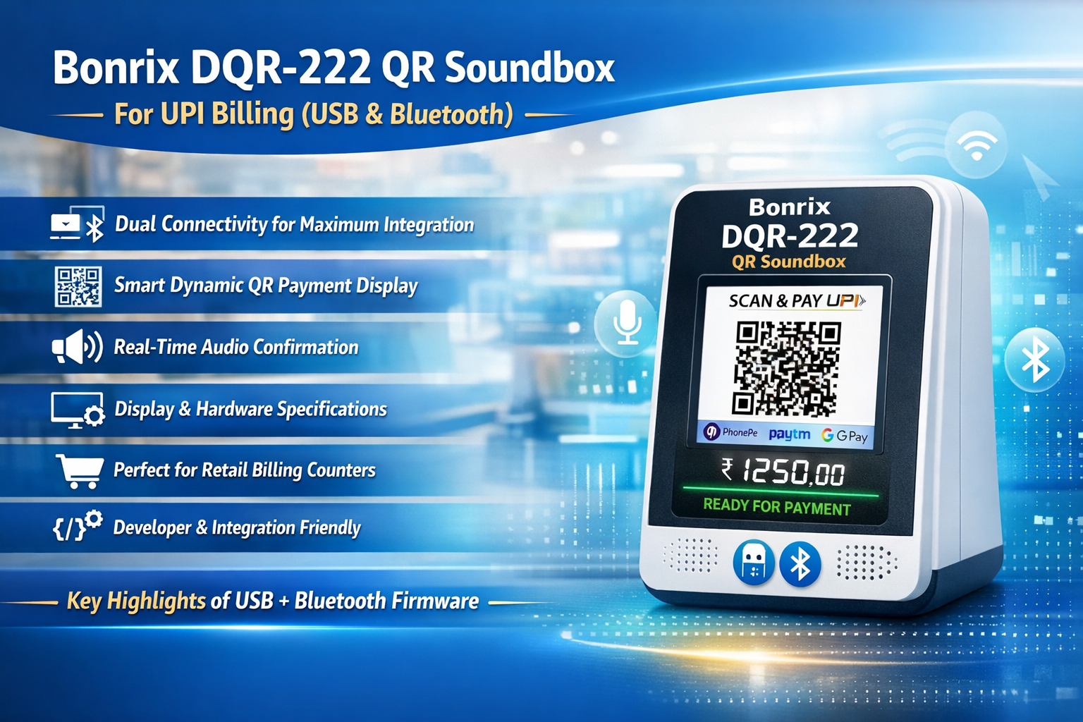 Bonrix DQR-222 Two-in-One USB Bluetooth Digital QR Payment Soundbox with 3.5 inch display and 3W speaker